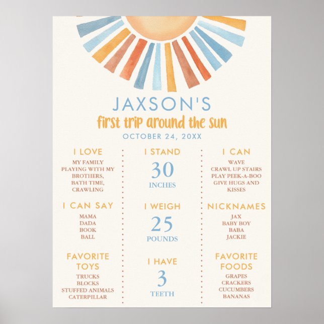 First trip around the sun milestone 1st birthday poster (Front)