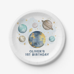 First Trip Around the Sun Navy Gold Boys Birthday Paper Plate