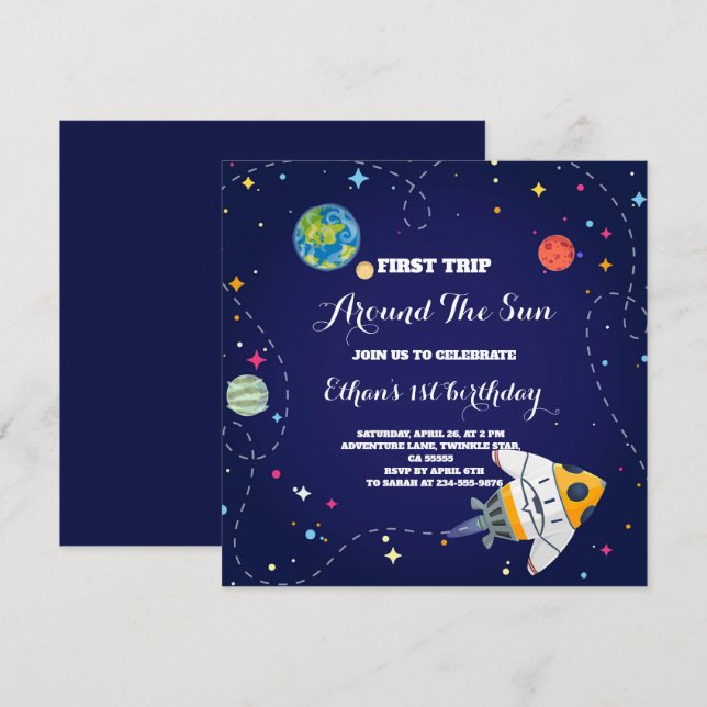 First Trip Around the Sun Outer Space 1st Birthday Invitation (Front/Back)