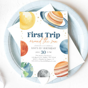 First Trip Around the Sun Outer Space Birthday Invitation