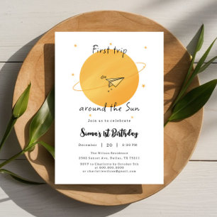 First Trip Around The Sun Paper Aeroplane Birthday Invitation