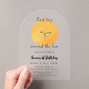First Trip Around The Sun Paper Airplane Birthday Acrylic Invitations