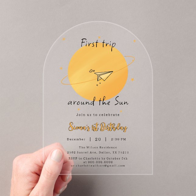 First Trip Around The Sun Paper Airplane Birthday Acrylic Invitations (Insitu (Handheld))