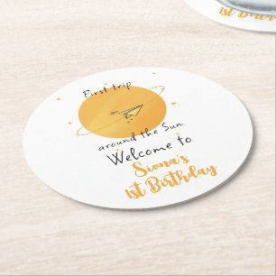 First Trip Around The Sun Paper Airplane Birthday Round Paper Coaster