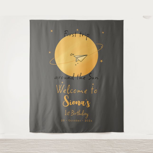 First Trip Around The Sun Paper Airplane Birthday Tapestry (Front)