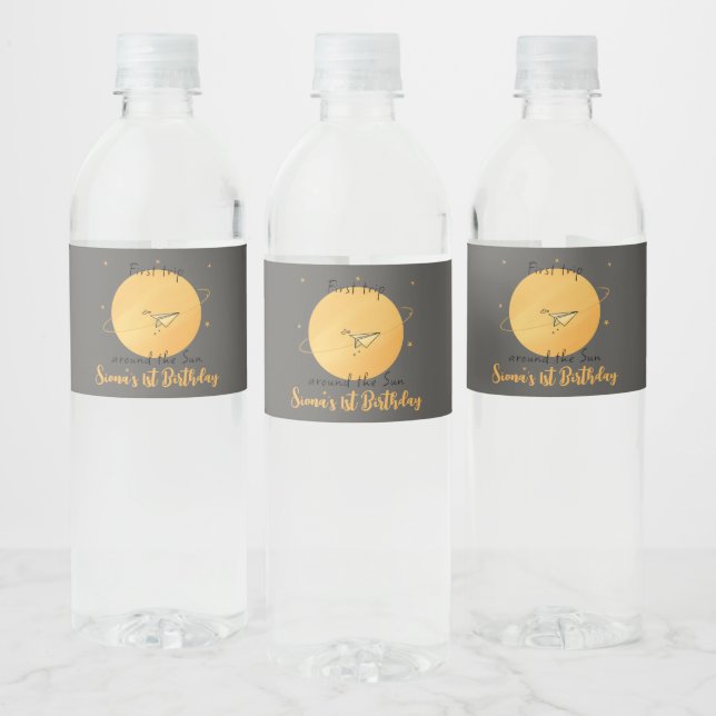 First Trip Around The Sun Paper Airplane Birthday Water Bottle Label (Bottles)