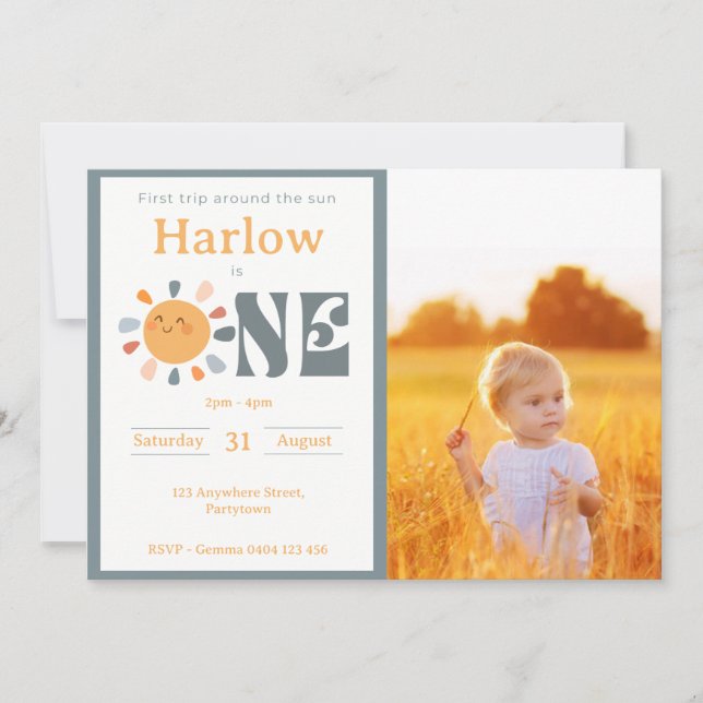 First trip around the sun photo neutral invitation (Front)