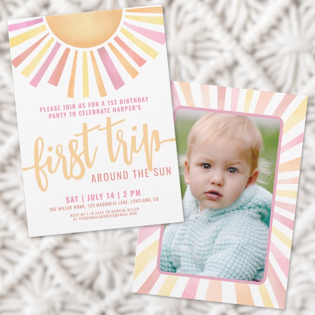 First Trip Around The Sun Pink Photo 1st Birthday Invitation (First Trip Around The Sun Pink Photo 1st Birthday Invitation)