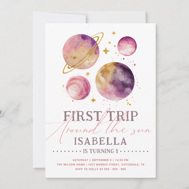 First Trip Around the Sun Pink Space Girl Birthday Invitation (Front)
