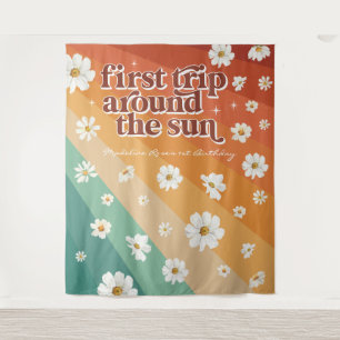First Trip Around the Sun   Retro Daisy Rainbow Tapestry