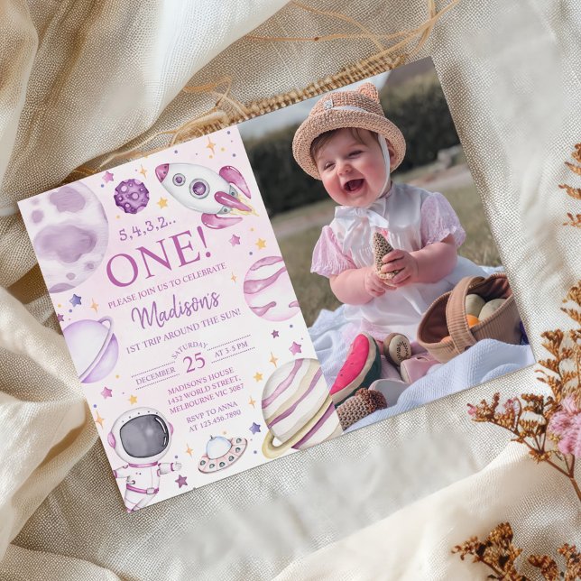First Trip Around The Sun Space 1st Birthday Photo Invitation (Creator Uploaded)
