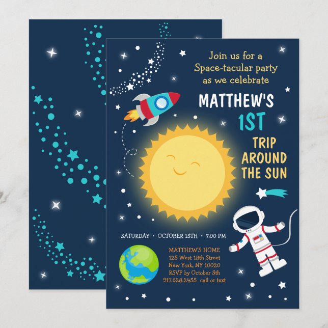 First Trip Around The Sun Space Birthday Invitation (Front/Back)