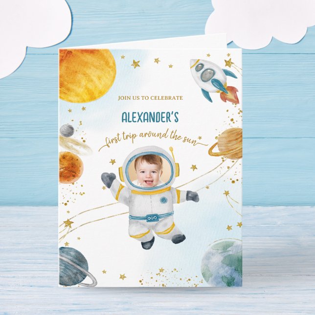 First Trip Around the Sun Space Birthday Photo Invitation (Creator Uploaded)