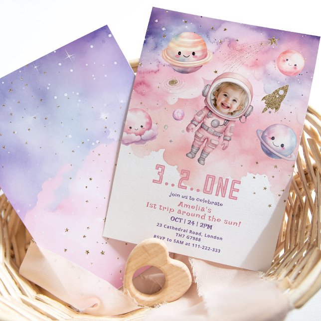 First trip around the Sun Space girl photo Invitation (Creator Uploaded)