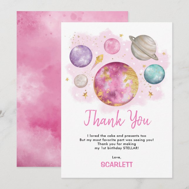 First Trip Around The Sun Space Girls Birthday Thank You Card (Front/Back)