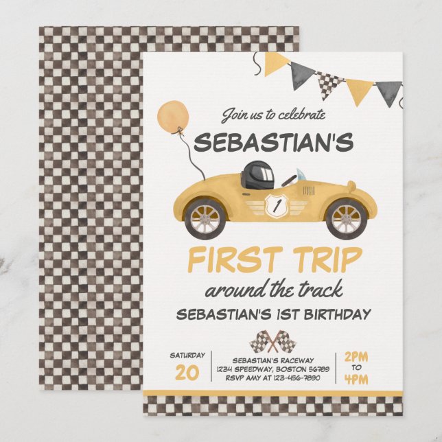 First Trip Around The Track Race Car 1st Birthday Invitation (Front/Back)