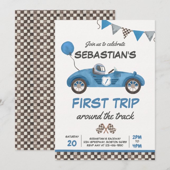 First Trip Around The Track Race Car 1st Birthday Invitation (Front/Back)