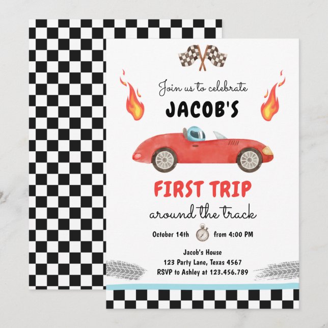 First Trip Around the Track Red Race Car Birthday Invitation (Front/Back)