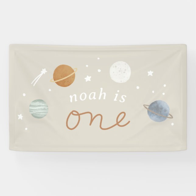 ‘First Trip’ Beige Space Theme 1st Birthday Banner (Horizontal)