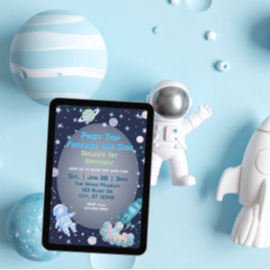 First Trip, Blue Green Space 1st Birthday  Invitation