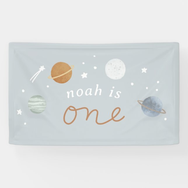 ‘First Trip’ Blue Space Theme 1st Birthday Banner (Horizontal)