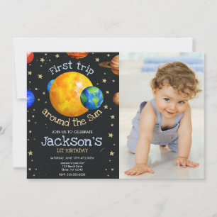 First Trip Outer Space 1st Birthday Boy Photo Invitation