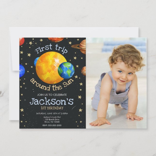 First Trip Outer Space 1st Birthday Boy Photo Invitation (Front)