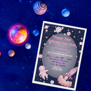 First Trip, Pink Purple Space 1st Birthday  Invitation