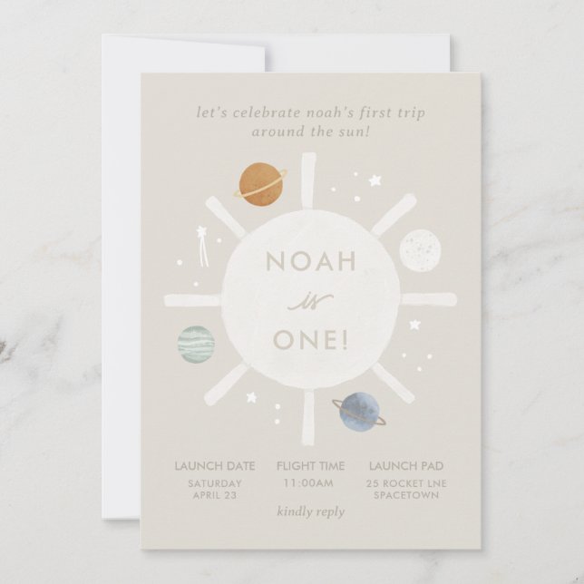 ‘First Trip’ Sun Space 1st Birthday Invitation (Front)