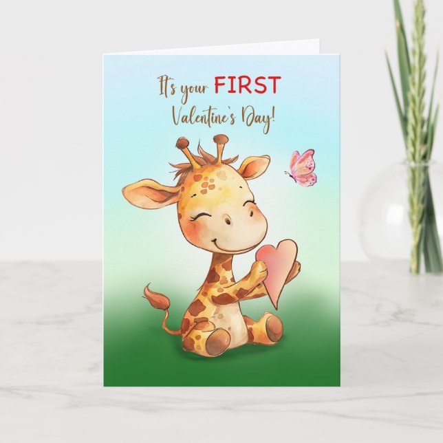 First Valentines Day Cute Happy Giraffe with Heart Card (Front)
