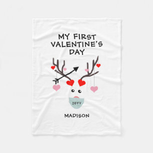 First Valentines Day Cute Heart Deer Personalised Fleece Blanket