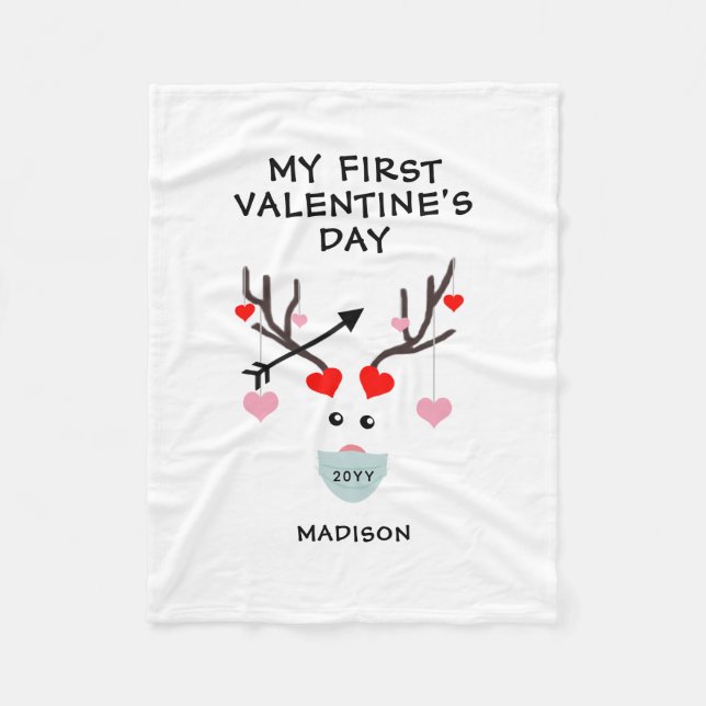 First Valentines Day Cute Heart Deer Personalised Fleece Blanket (Front)
