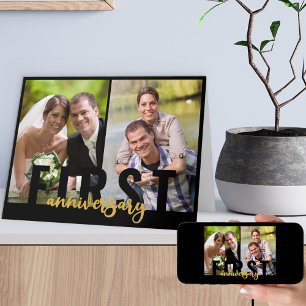 First Wedding Anniversary 2 Photo Gold Script Card