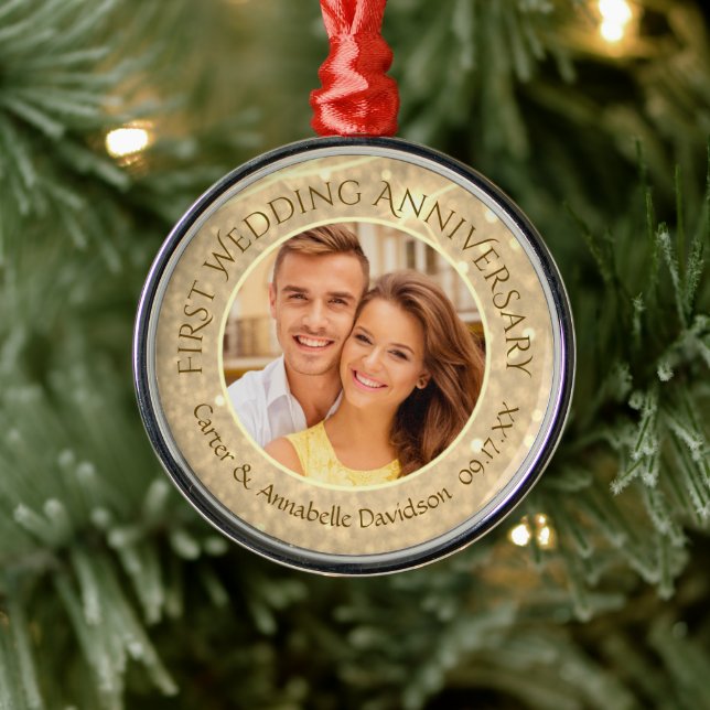 First Wedding Anniversary | Gold Sparkle Photo Metal Tree Decoration (Tree)