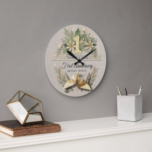 First Wedding Anniversary Papercut Cranes Couple Large Clock