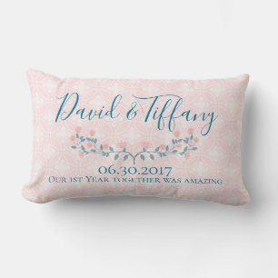 First Wedding Anniversary Pink and Blue Lumbar Cushion