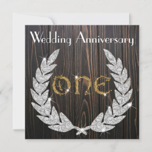 First Wedding Anniversary   Rustic Wood & Gold Invitation