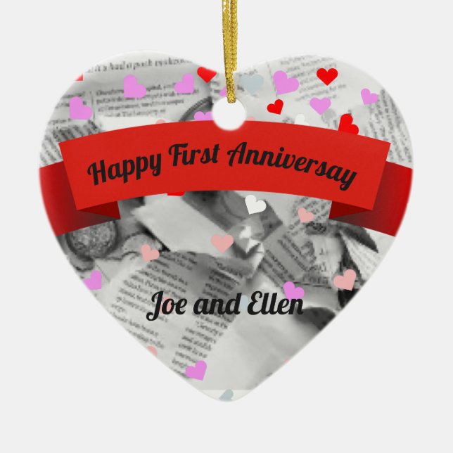 First Wedding Anniversay, Paper Anniversay Heart Ceramic Tree Decoration (Front)