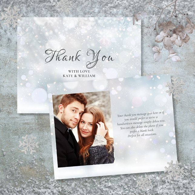 First Winter Snowflakes Elegant Script Photo Thank You Card (First Winter Snowflakes Elegant Script Photo Thank You Card)