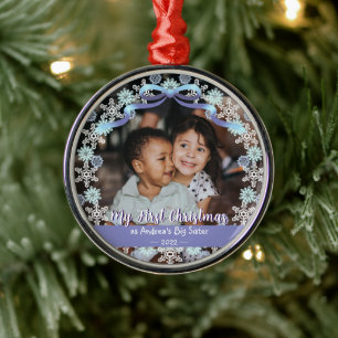 First Xmas Grandma Snowflakes Ribbon Light Blue  Metal Tree Decoration
