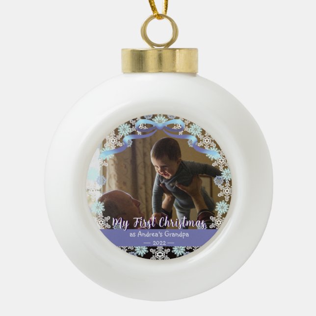 First Xmas Grandpa Light Blue Purple Tone Snow Ceramic Ball Christmas Ornament (Front)