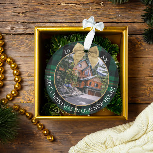 First XMax In Our New Home Green Plaid 2 Photo Ornament