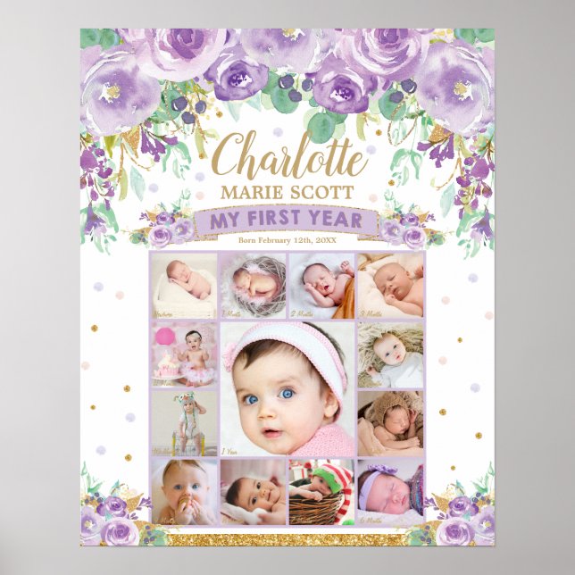 First Year 1st Birthday Photo Milestone Collage Poster (Front)