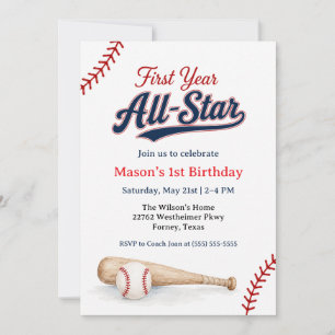 First Year All-Star Baseball Photo 1st Birthday Invitation