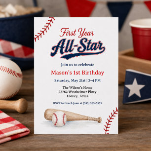 First Year All-Star Baseball Photo 1st Birthday Invitation