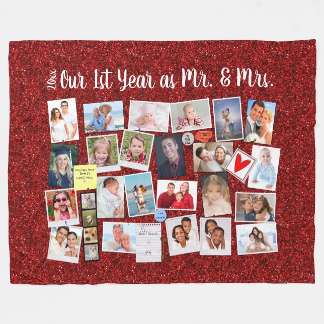 First Year Anniversary Photo Memories Red Glitter Fleece Blanket (Front (Horizontal))