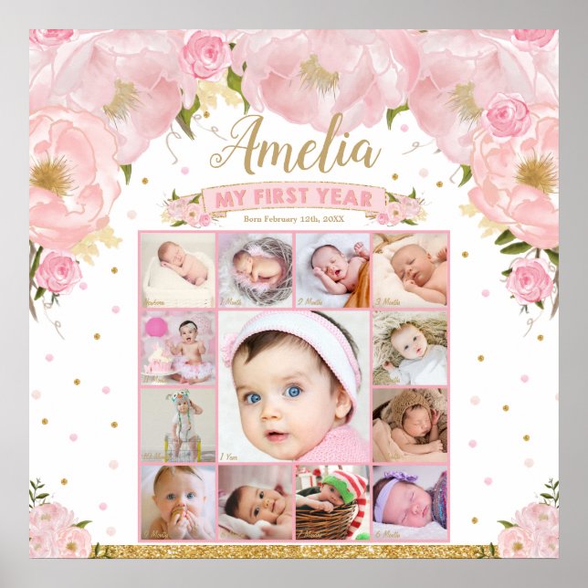 First Year Birthday Photo Milestone Collage Square Poster (Front)