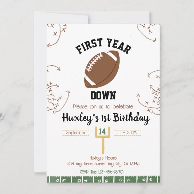 First Year Down 1st Birthday Football  Invitation (Front)