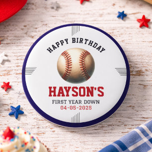 First Year Down Baseball 1st Birthday Party 3 Cm Round Badge