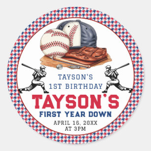 First Year Down Baseball 1st Birthday Party Classic Round Sticker